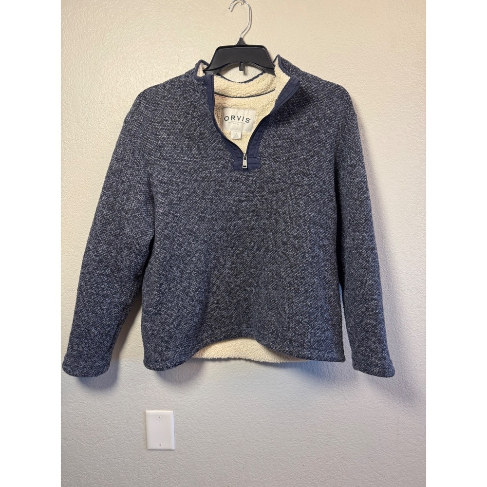 Orvis Classic Collection Blue Marled Sherpa Lined Quarter Zip Sweater Large